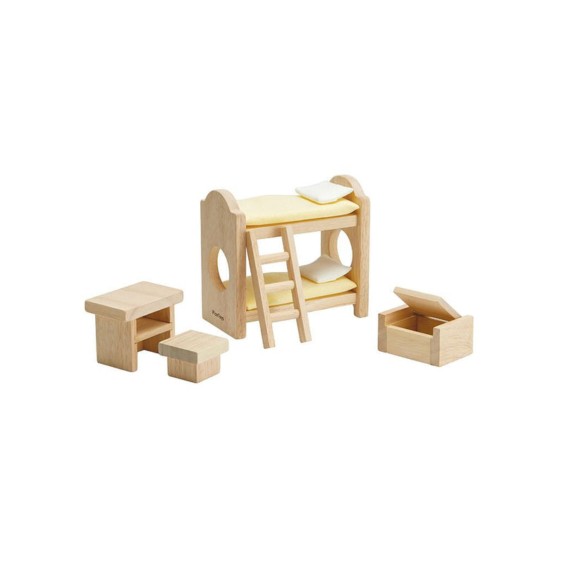 Classic Children's Bedroom Dollhouse Furniture Set | 1:12 Scale | Bunk Bed, Table, Chair & Toy Chest