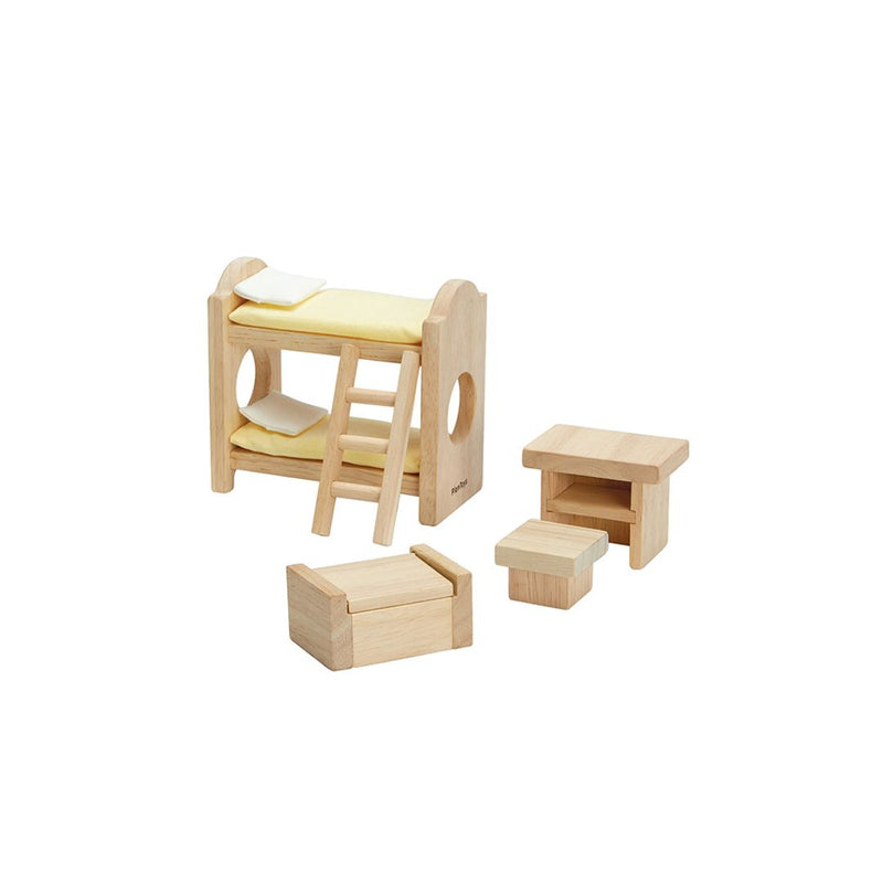 Classic Children's Bedroom Dollhouse Furniture Set | 1:12 Scale | Bunk Bed, Table, Chair & Toy Chest