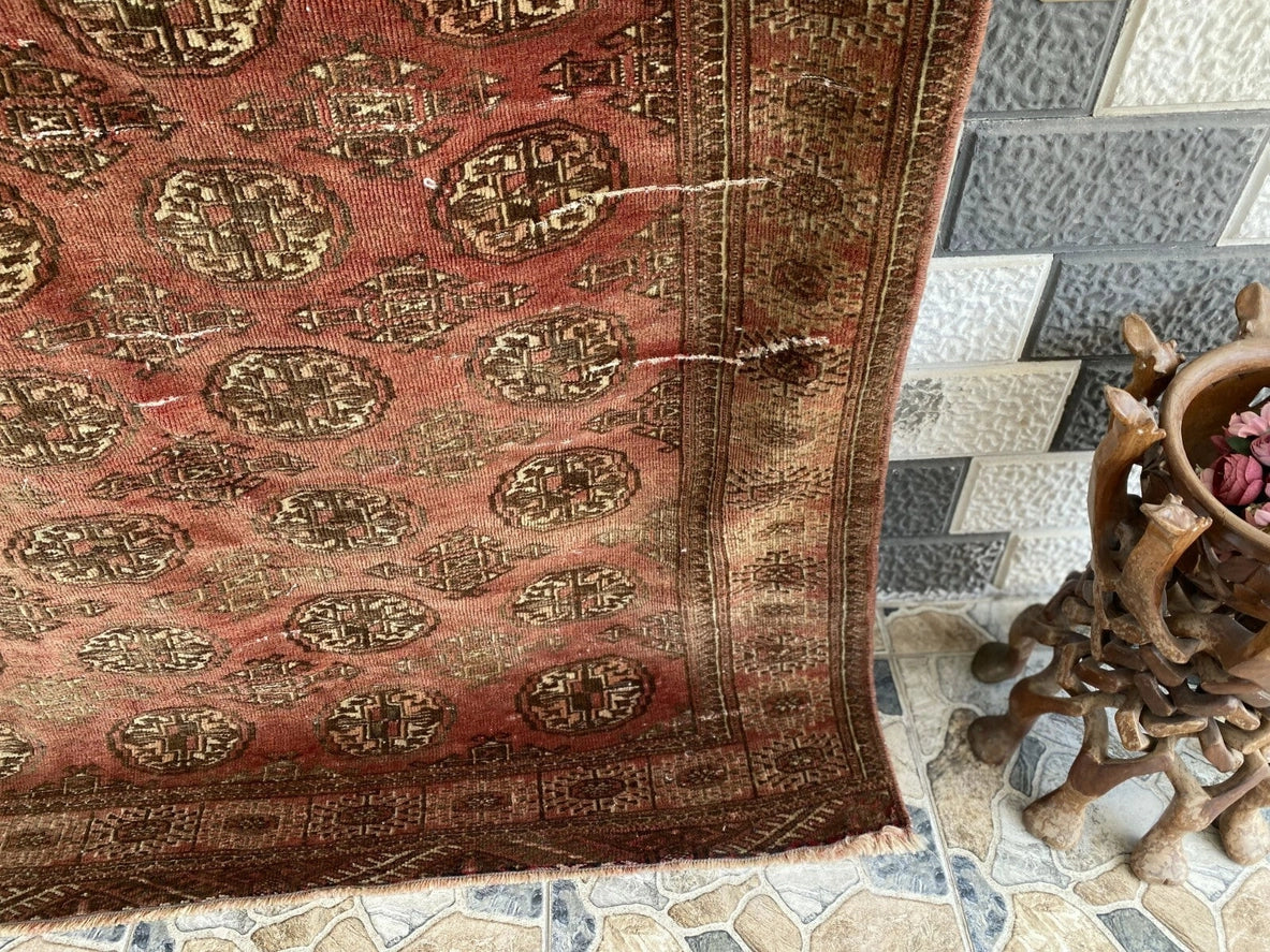 Vintage Hand-Knotted Turkoman Bukhara Farmhouse Wool Rug 4x7