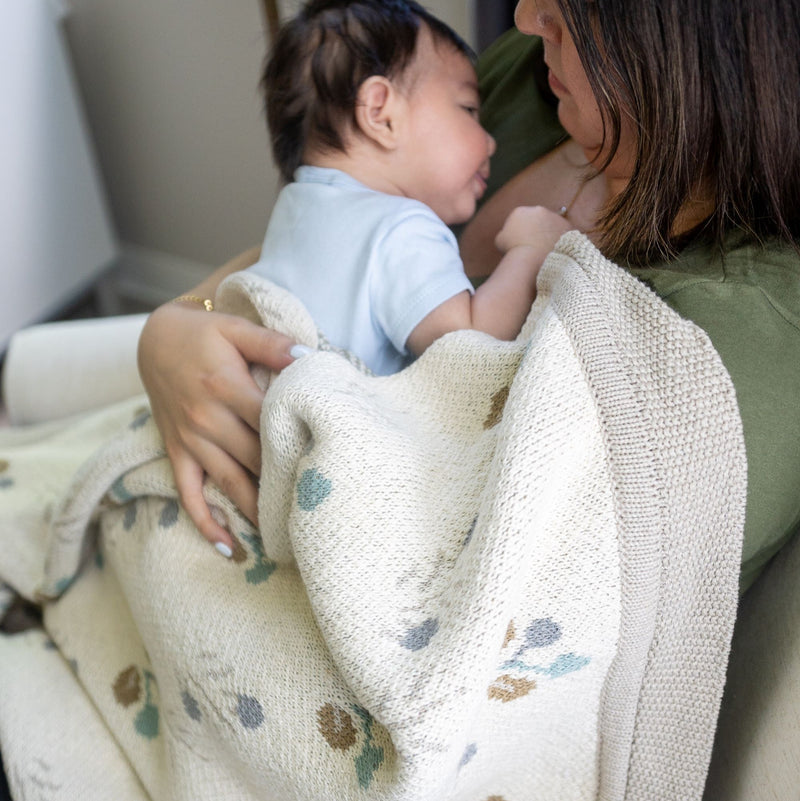 Avery Organic Cotton Knitted Baby Blanket | Reversible Floral Print | Poppy