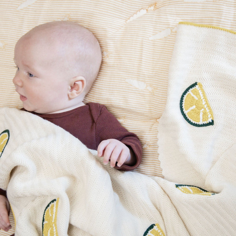 Clementine Lemon Embroidered Knit Baby Blanket
