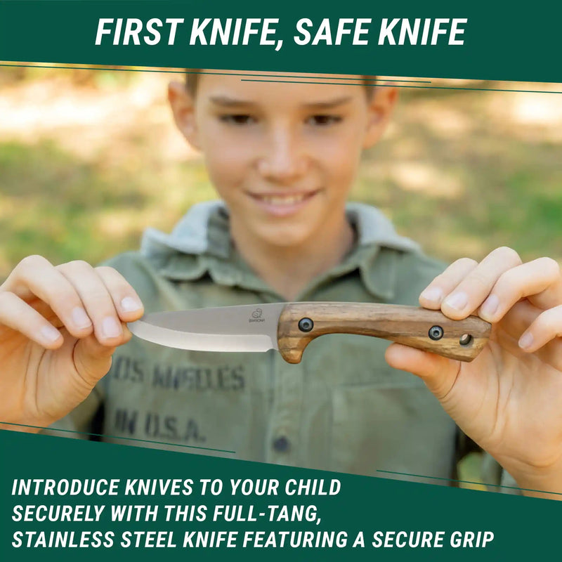 Kids Bushcraft Knife | Rounded Tip | Walnut Handle | 7" Overall