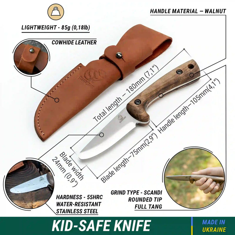 Kids Bushcraft Knife | Rounded Tip | Walnut Handle | 7" Overall