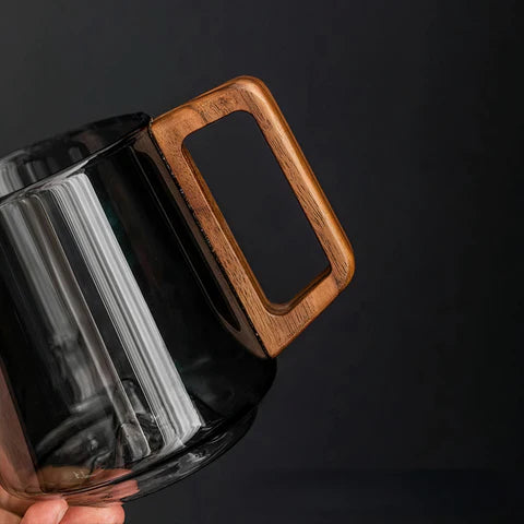 Smokey Gray Glass Coffee Cups With Wooden Handle | 450ml