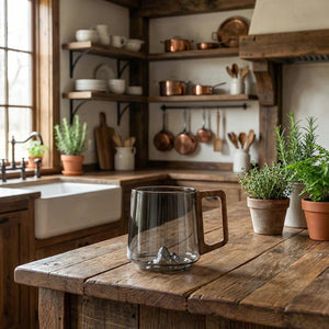 Smokey Gray Glass Coffee Cups With Wooden Handle | 450ml