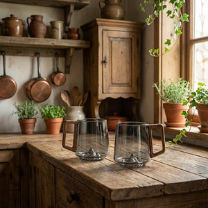 Smokey Gray Glass Coffee Cups With Wooden Handle | 450ml