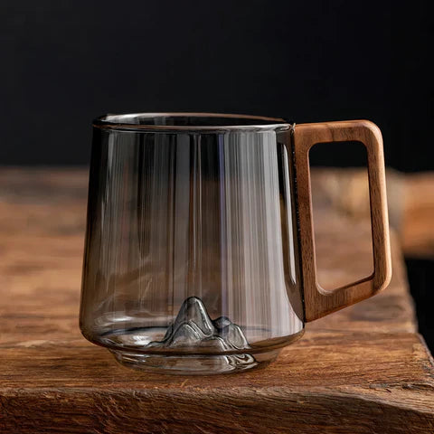 Smokey Gray Glass Coffee Cups With Wooden Handle | 450ml