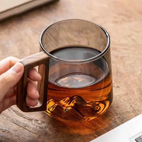 Smokey Gray Glass Coffee Cups With Wooden Handle | 450ml
