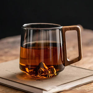 Smokey Gray Glass Coffee Cups With Wooden Handle | 450ml