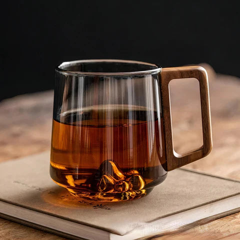 Smokey Gray Glass Coffee Cups With Wooden Handle | 450ml