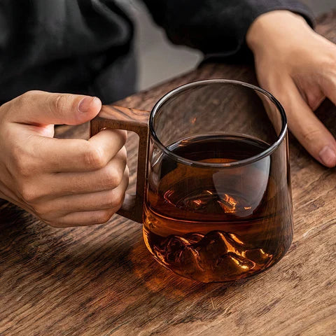 Smokey Gray Glass Coffee Cups With Wooden Handle | 450ml