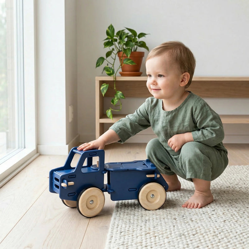 Moover Dump Truck | Solid Birch Plywood Ride-On | Navy Blue