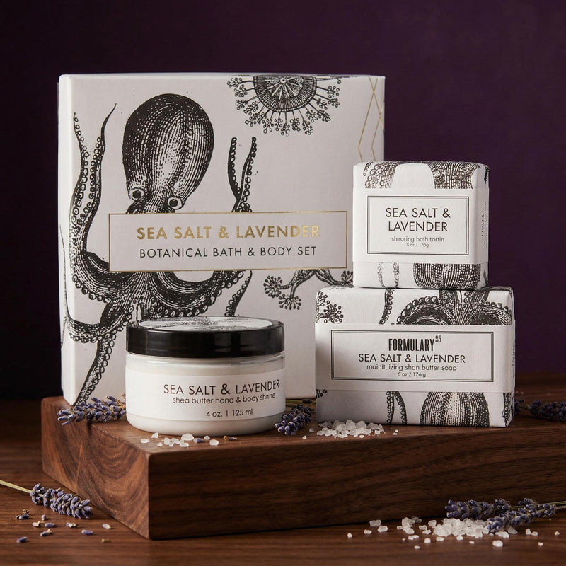 Sea Salt & Lavender Gift Set | Hand-Made Shea Butter Soaps, Hand Creme, Bath Bomb & Jar Candle