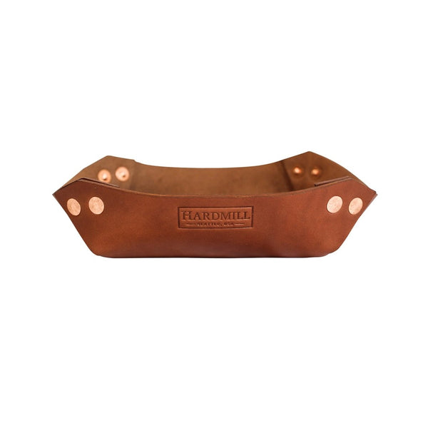 Hardmill leather valet tray — 8.5 x 8.5 inches, thick bridle leather, copper rivets, made in USA