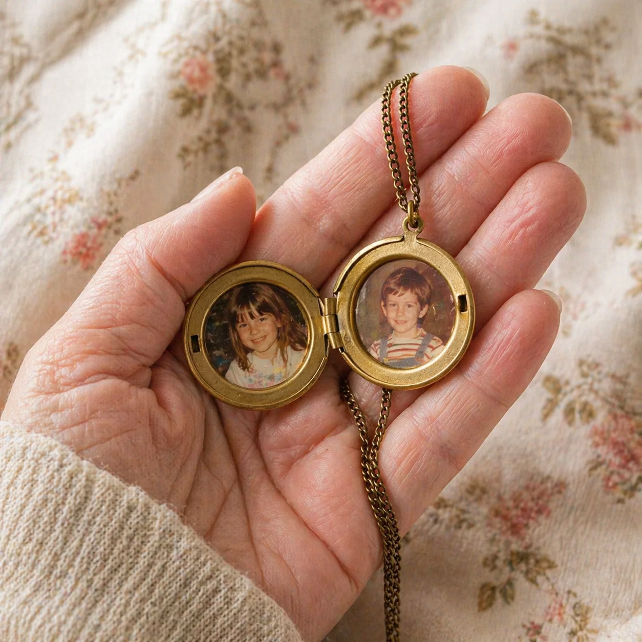 Open locket with two small photos resting in a hand