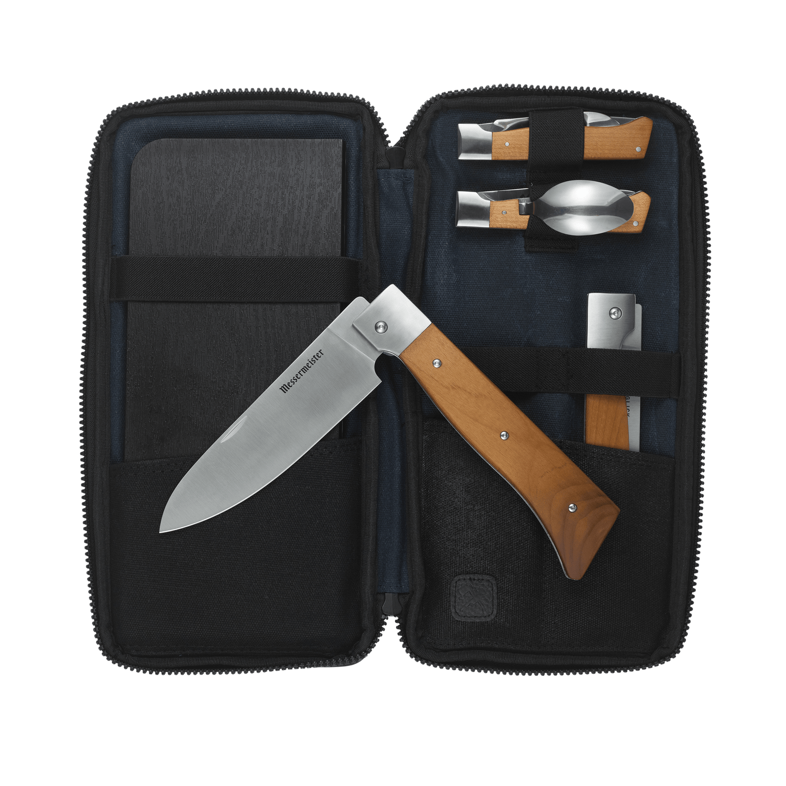 Messermeister Adventure Chef Maple Summit set with tools, folding board, and waxed-canvas case