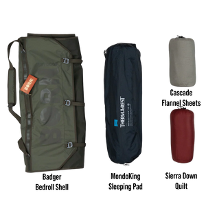 Badger Bed Sierra Bundle | Bedroll Shell, Down Quilt, Flannel Sheet Set, Sleeping Pad Compatible
