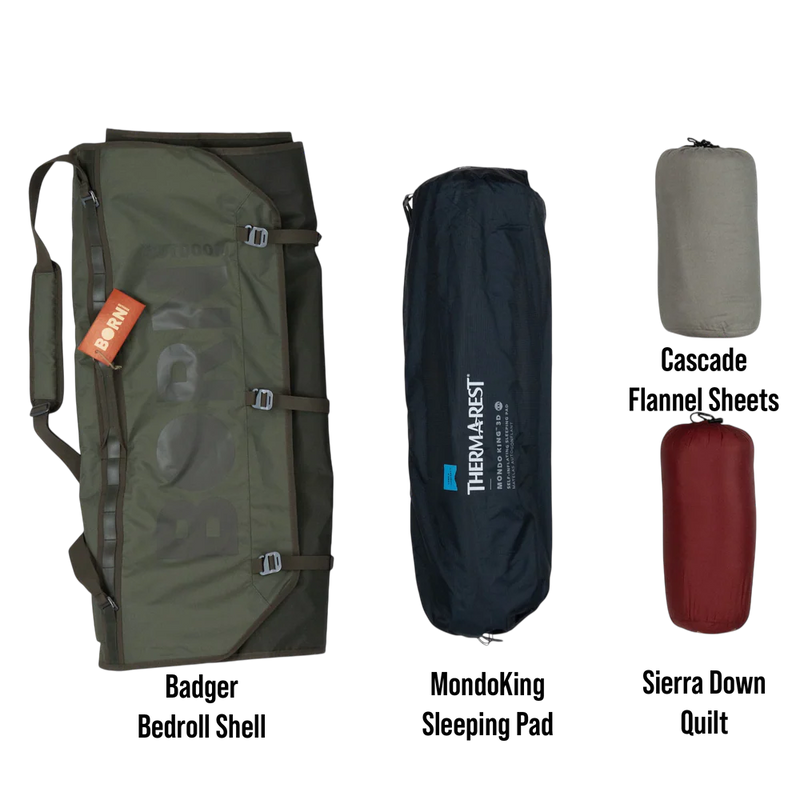 Badger Bed Sierra Bundle | Bedroll Shell, Down Quilt, Flannel Sheet Set, Sleeping Pad Compatible