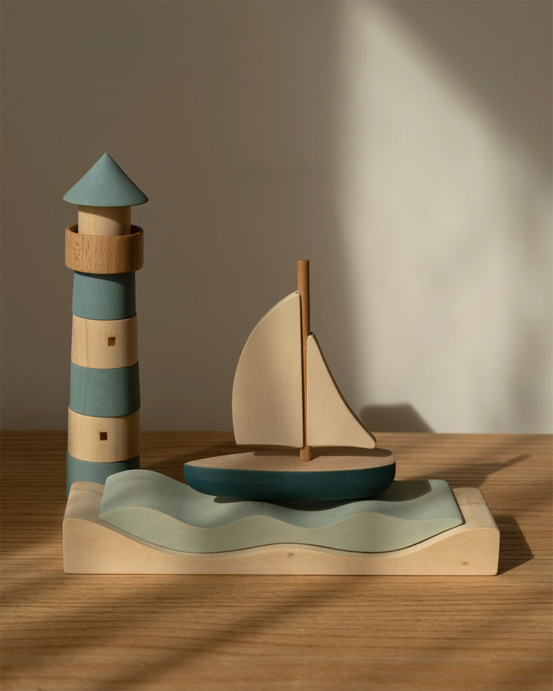 Sea Adventure Wooden Play Set | Sailboat, Lighthouse & Coastal Landscape | 28.5 x 15.5 x 20 cm