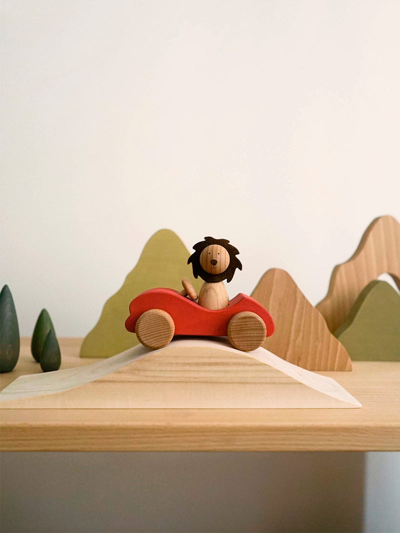 First Journey Play Set | Wooden Lion in Car with Landscape | Natural Beech & Linden