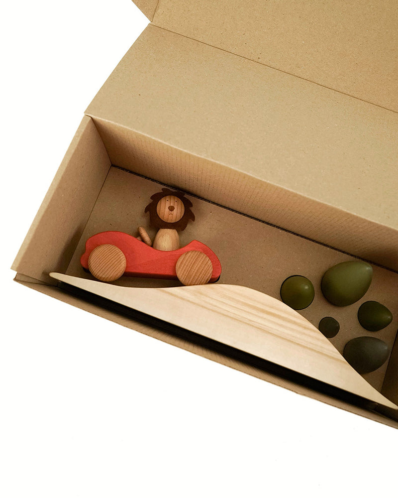 First Journey Play Set | Wooden Lion in Car with Landscape | Natural Beech & Linden