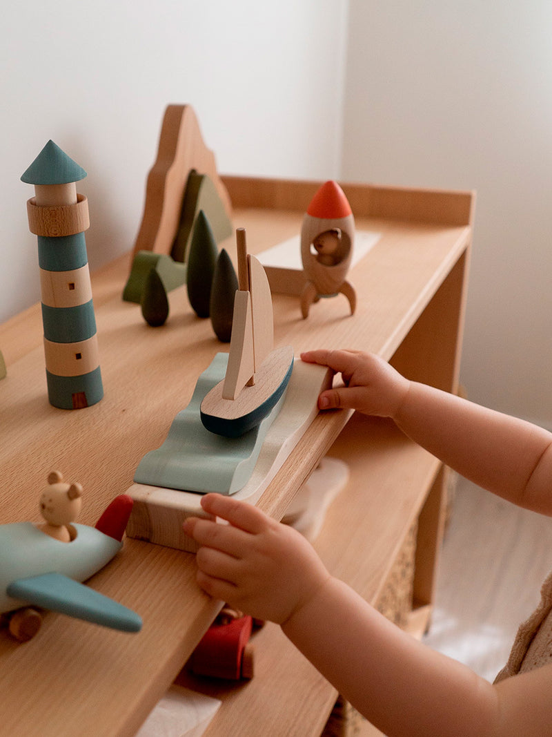 Sea Adventure Wooden Play Set | Sailboat, Lighthouse & Coastal Landscape | 28.5 x 15.5 x 20 cm