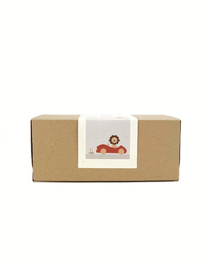 First Journey Play Set | Wooden Lion in Car with Landscape | Natural Beech & Linden