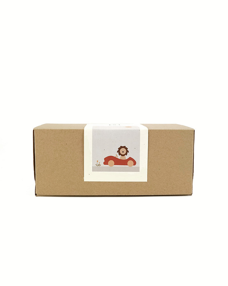 First Journey Play Set | Wooden Lion in Car with Landscape | Natural Beech & Linden