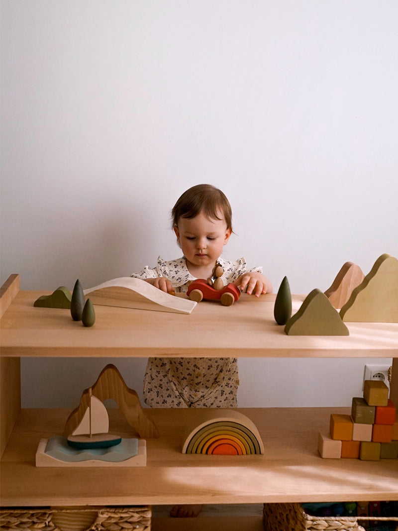 First Journey Play Set | Wooden Lion in Car with Landscape | Natural Beech & Linden