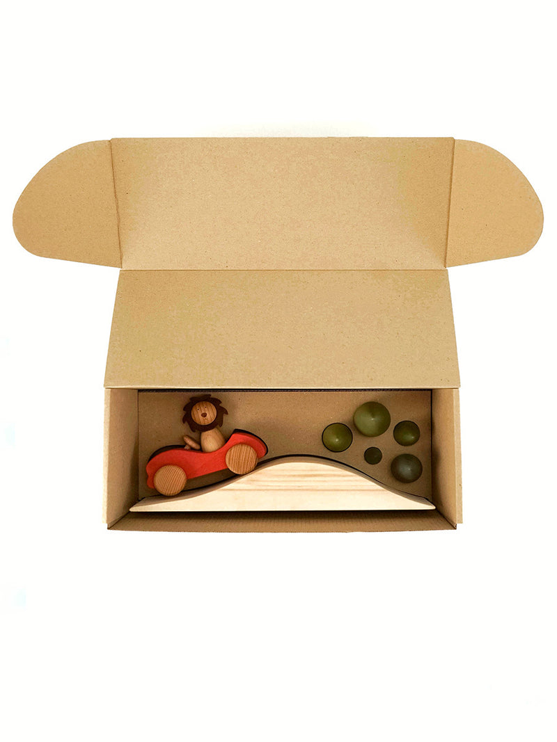 First Journey Play Set | Wooden Lion in Car with Landscape | Natural Beech & Linden