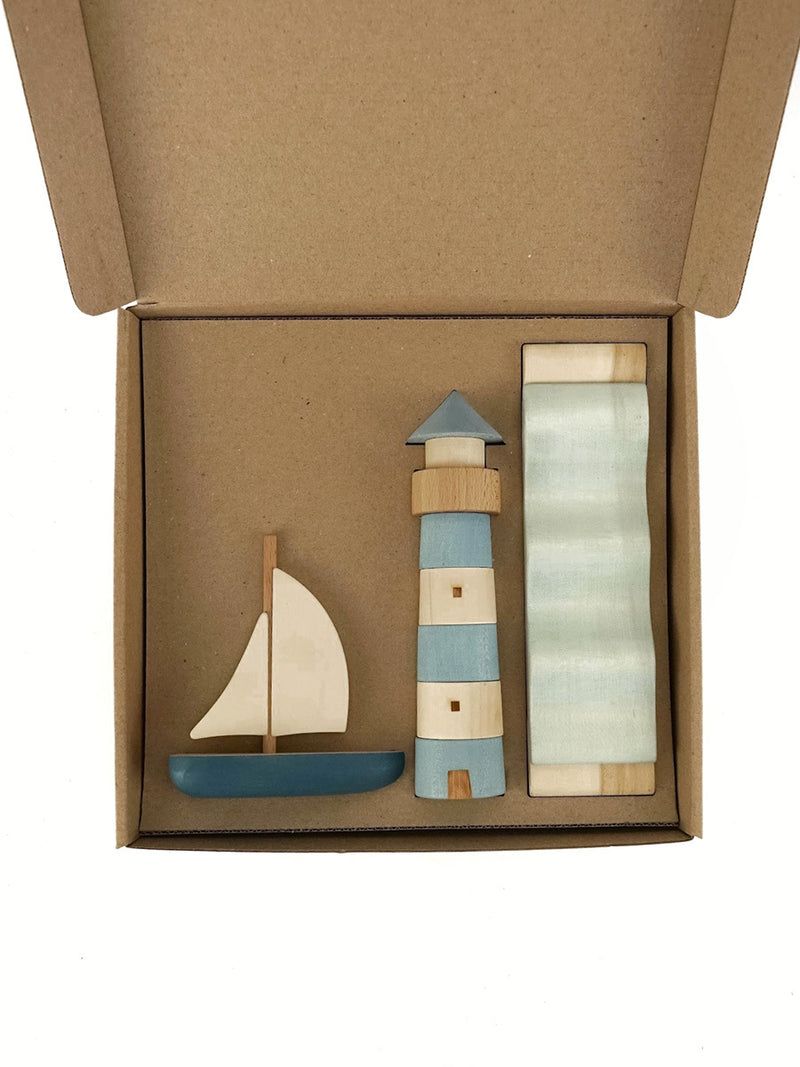 Sea Adventure Wooden Play Set | Sailboat, Lighthouse & Coastal Landscape | 28.5 x 15.5 x 20 cm