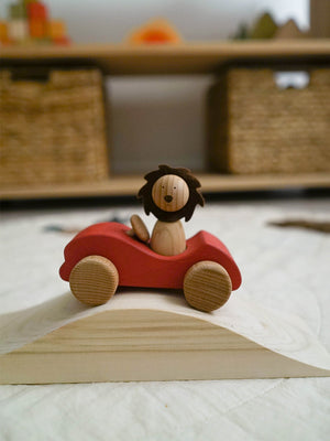 First Journey Play Set | Wooden Lion in Car with Landscape | Natural Beech & Linden