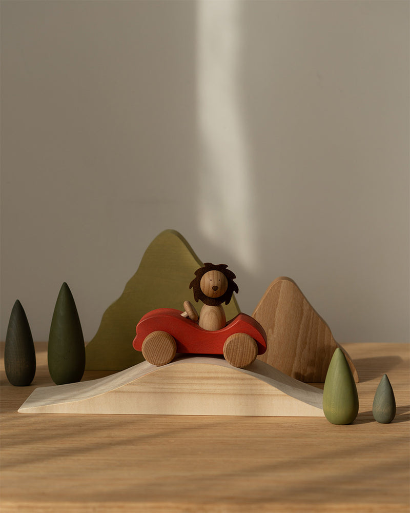 First Journey Play Set | Wooden Lion in Car with Landscape | Natural Beech & Linden
