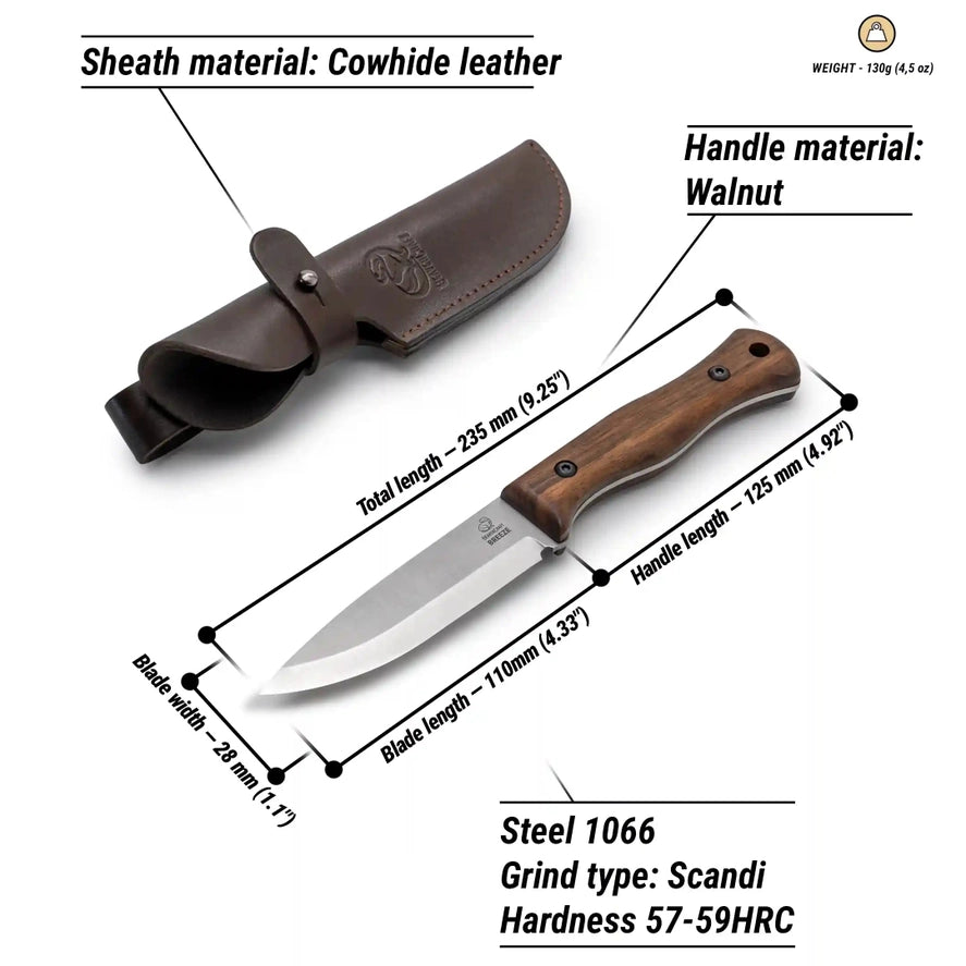 BSH6 Breeze – Carbon Steel Bushcraft Knife Walnut Handle with Leather Sheath