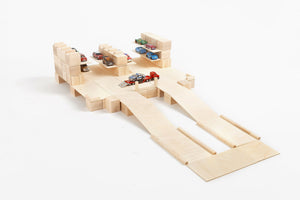 Car storage built from Just Blocks natural wooden blocks