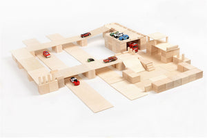 City and roads built from Just Blocks natural wooden blocks