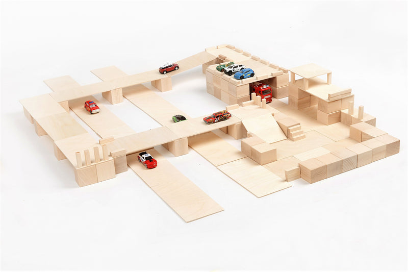City and roads built from Just Blocks natural wooden blocks
