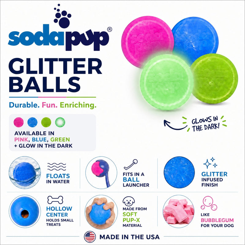 Glitter Ball Dog Toy | Soft Rubber | Floating Fetch Ball & Treat Dispenser | USA Made