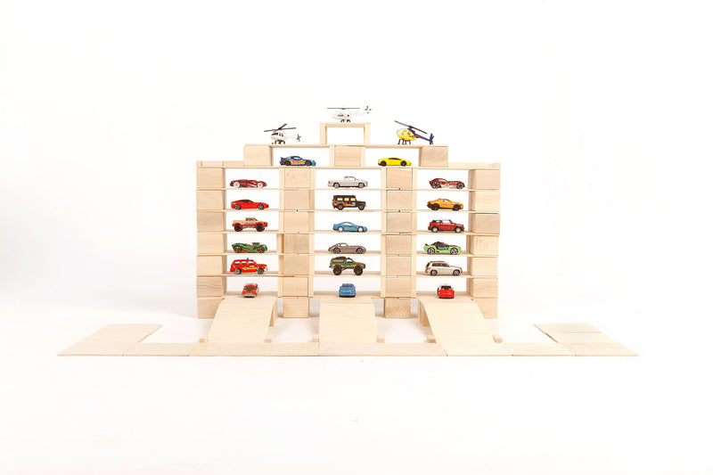 Parking garage built from Just Blocks natural wooden blocks