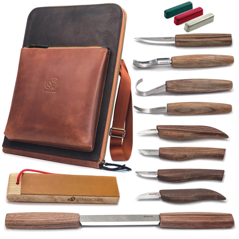 S50X Deluxe Wood Carving Set | 9 Tools with Leather Bag