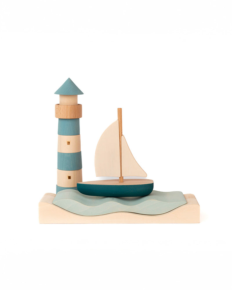 Sea Adventure Wooden Play Set | Sailboat, Lighthouse & Coastal Landscape | 28.5 x 15.5 x 20 cm