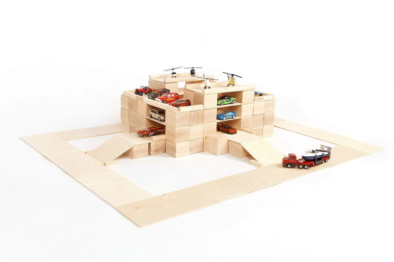 Parking lot built from Just Blocks natural wooden blocks
