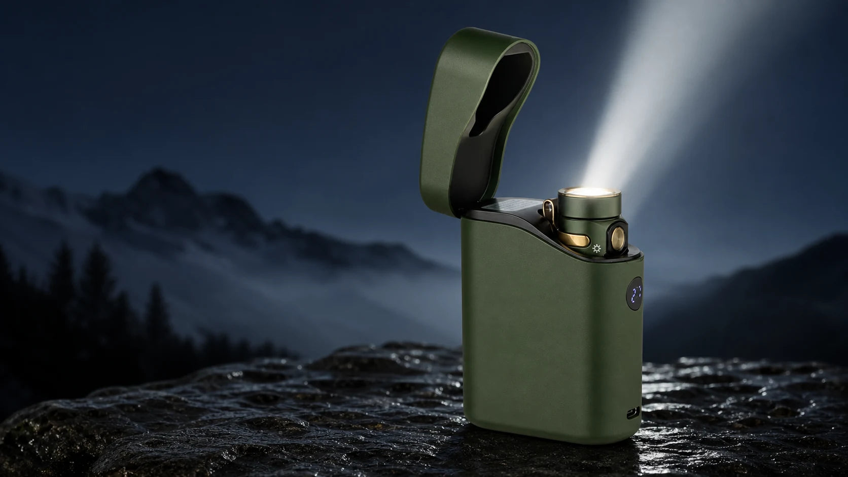 Green Olight Baton 4 shining from its open charging case on a rocky mountain overlook