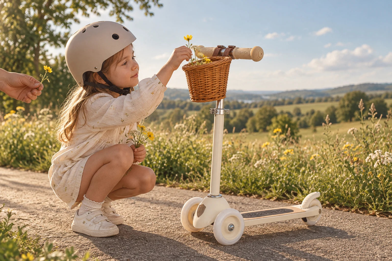 A child carefully places a flower in a Banwood scooter basket beside a meadow.
