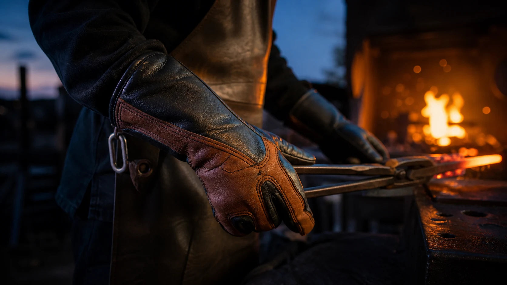 D8 Fire Gloves controlling long steel tongs in a working forge