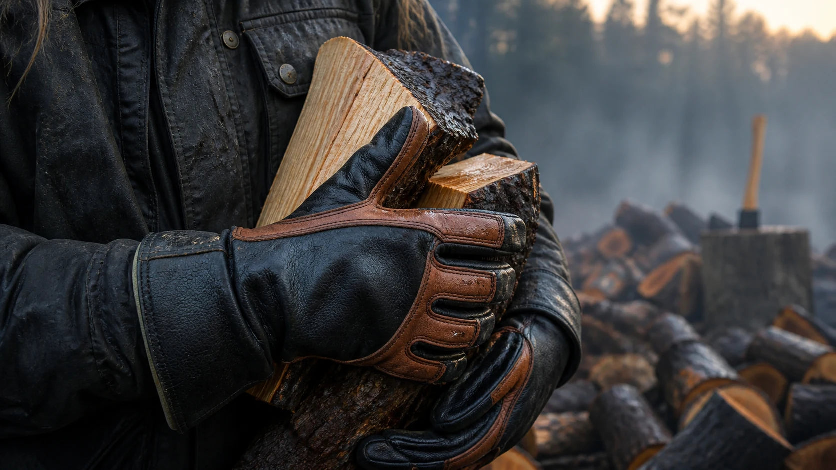 D8 Fire Gloves carrying split hardwood at a woodpile