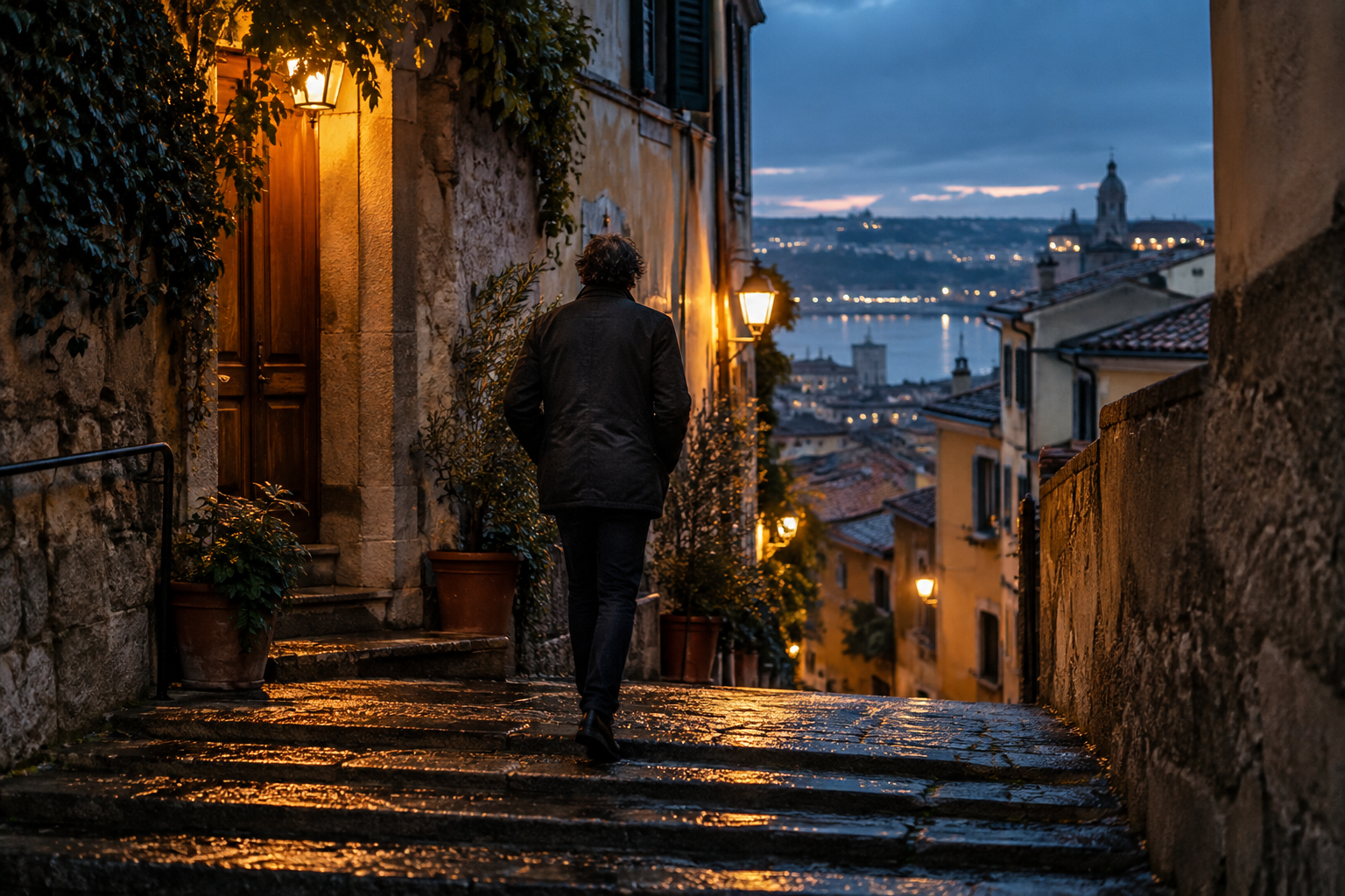 Imagined blue-hour neighborhood walk, with a person heading toward a warmly lit doorway.