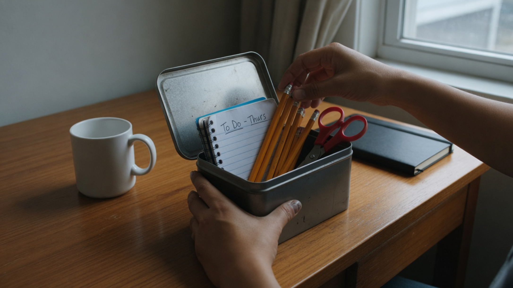 Hands putting pencils and a notebook into a small steel tin on a tidy wooden desk, an imagined everyday scene.