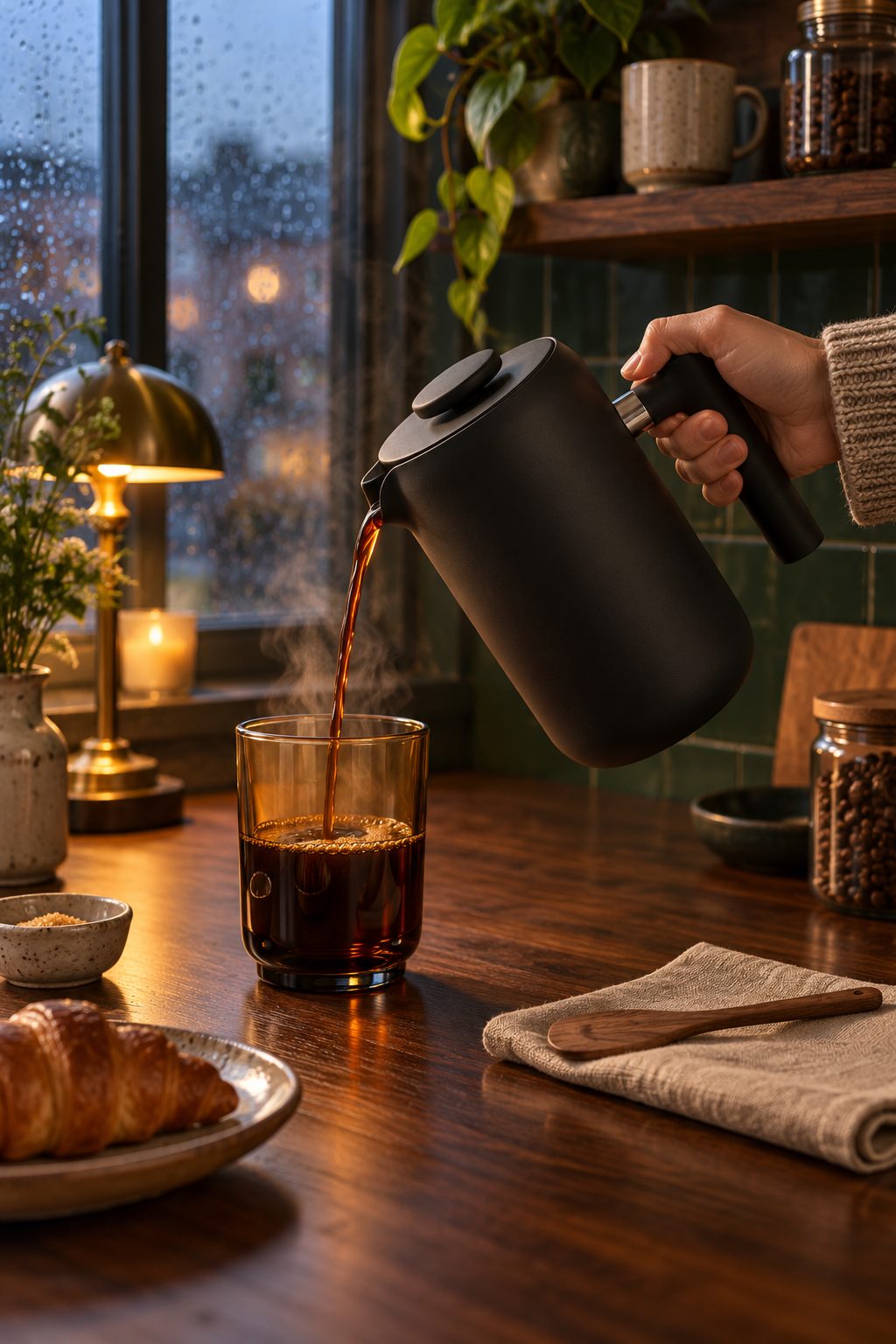 A Fellow Clara French press pours coffee into an amber Pirch glass, its walnut stirring paddle on a linen napkin.