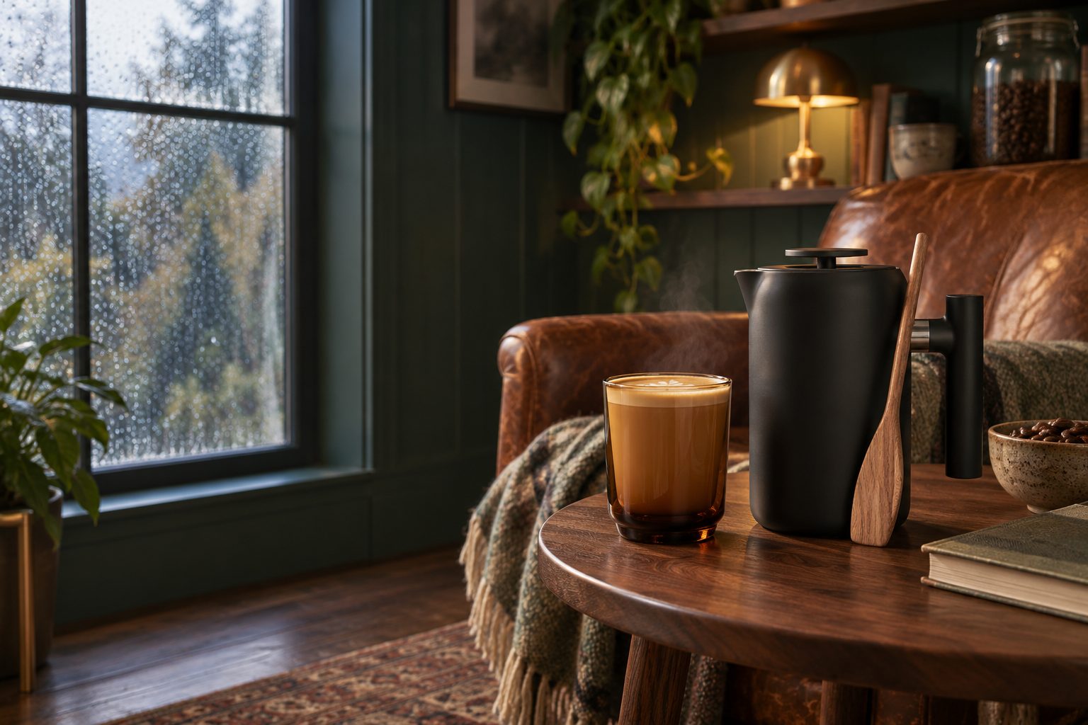 A leather armchair by a rainy window, with a latte in an amber Pirch glass and a Clara French press on a walnut side table.